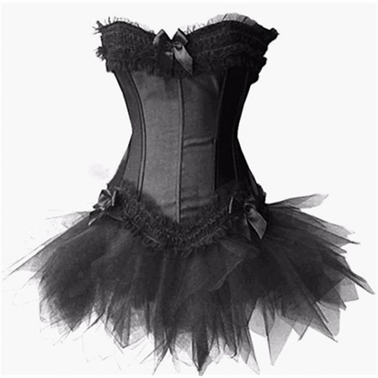 A black strapless corset dress with ruffled lace details and a tutu skirt. It features ribbon bows for an elegant, dramatic appearance.