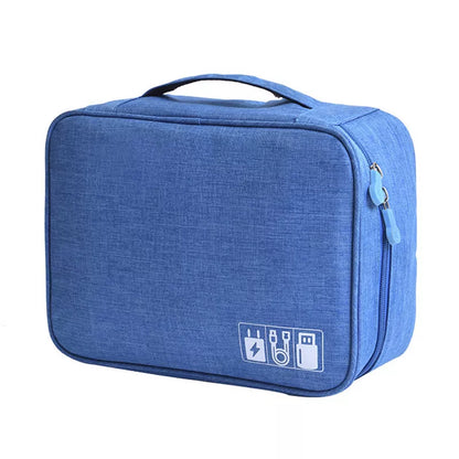A blue electronic organizer bag with a handle and illustrated icons for cables and charging, showcasing a sleek and functional design.