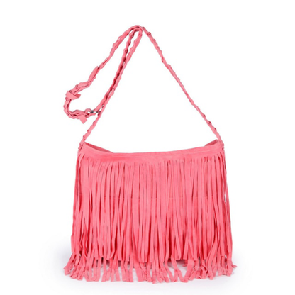 A bright pink fringed handbag with a shoulder strap, showcasing a trendy and playful design. Perfect for casual outings.