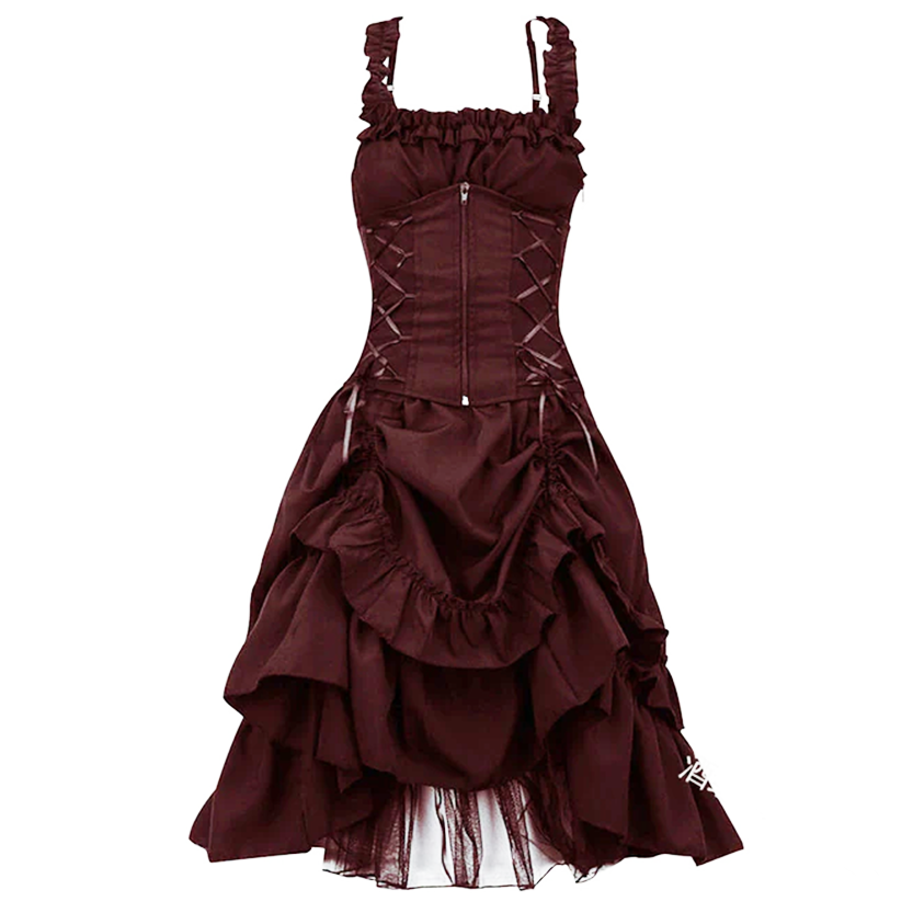 A burgundy Lolita-style dress with ruffled straps, corset lacing, and layered skirt. The dress has a vintage and elegant feel.