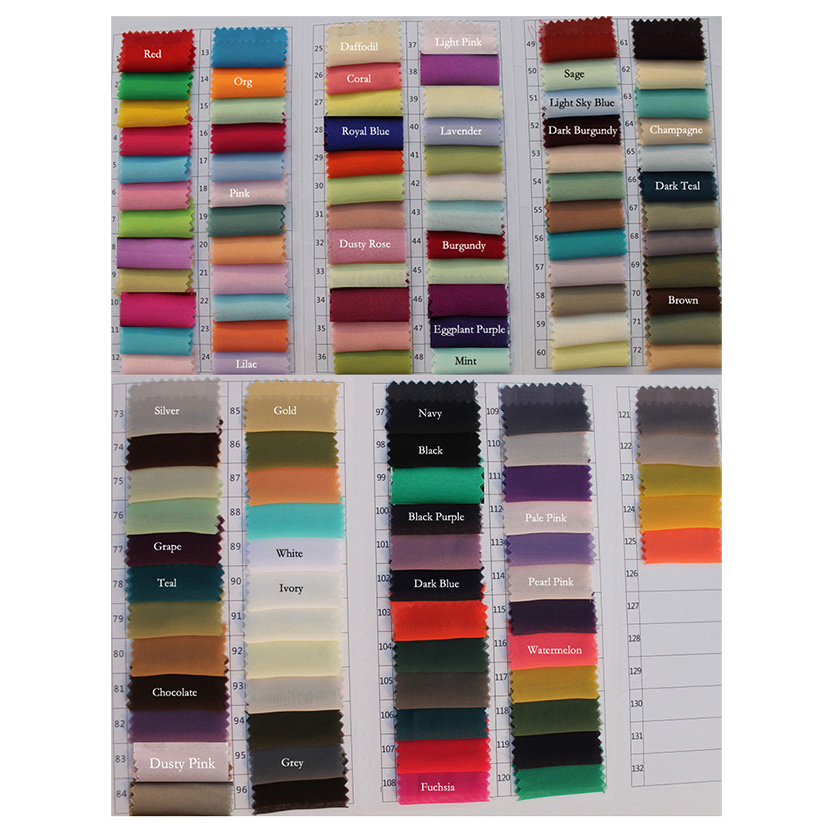 A color chart showing fabric swatches in labeled shades like red, lavender, mint, navy, and fuchsia, arranged in a grid. Each swatch has a crimped edge, conveying a vibrant and varied palette.