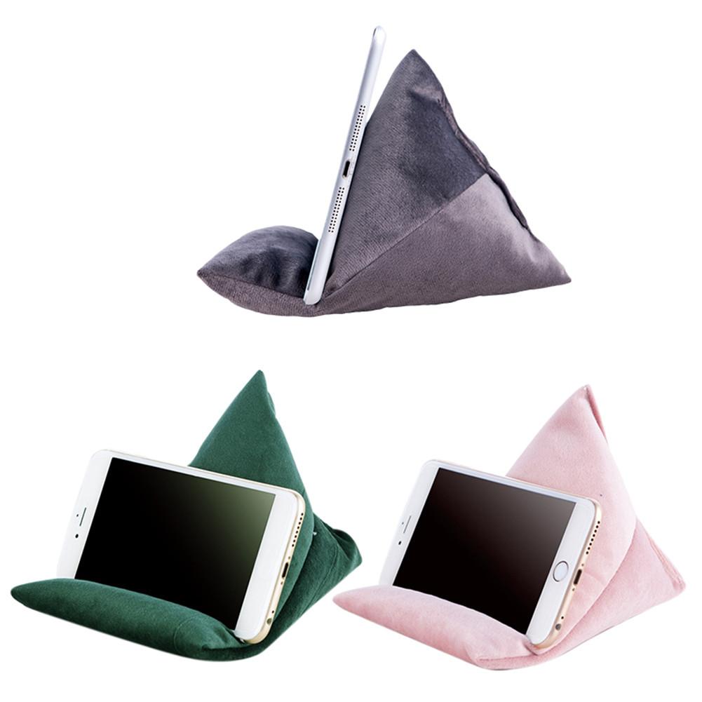 A colorful set of triangular phone stands in gray, green, and pink, each holding a smartphone at a comfortable viewing angle.