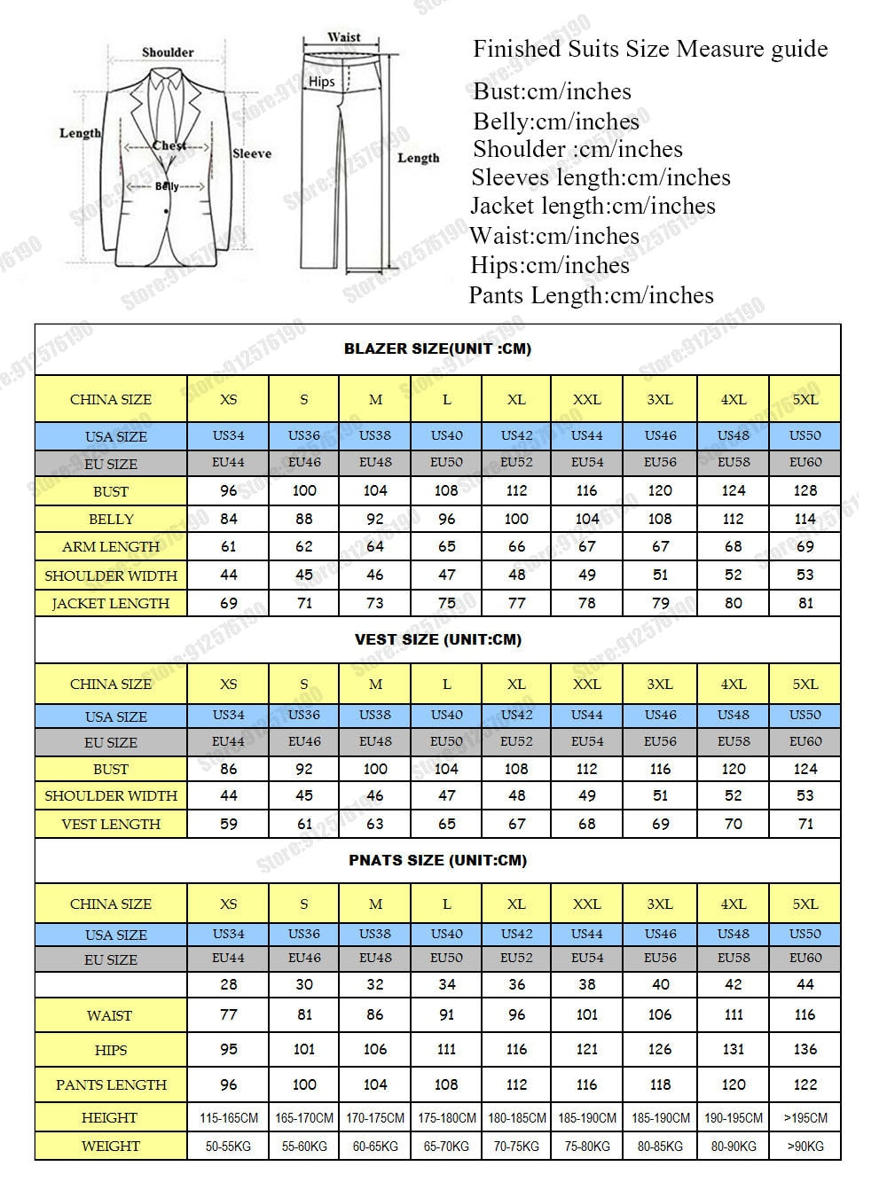 "A detailed suit size chart with diagrams for measuring blazers, vests, and pants. It includes measurements in centimeters for bust, belly, shoulder, sleeves, jacket length, waist, hips, and pants length. Sizes range from XS to 5XL, with conversions for USA and EU sizes. A visual guide on measuring aspects like chest and sleeve is shown beside the chart."
