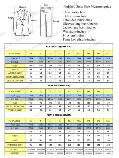 "A detailed suit size chart with diagrams for measuring blazers, vests, and pants. It includes measurements in centimeters for bust, belly, shoulder, sleeves, jacket length, waist, hips, and pants length. Sizes range from XS to 5XL, with conversions for USA and EU sizes. A visual guide on measuring aspects like chest and sleeve is shown beside the chart."