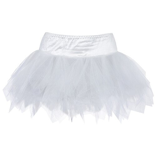 A fluffy white tutu with layers of delicate, translucent tulle. The garment has a soft, gathered waistband and a light, airy, and whimsical appearance.