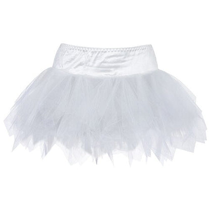 A fluffy white tutu with layers of delicate, translucent tulle. The garment has a soft, gathered waistband and a light, airy, and whimsical appearance.