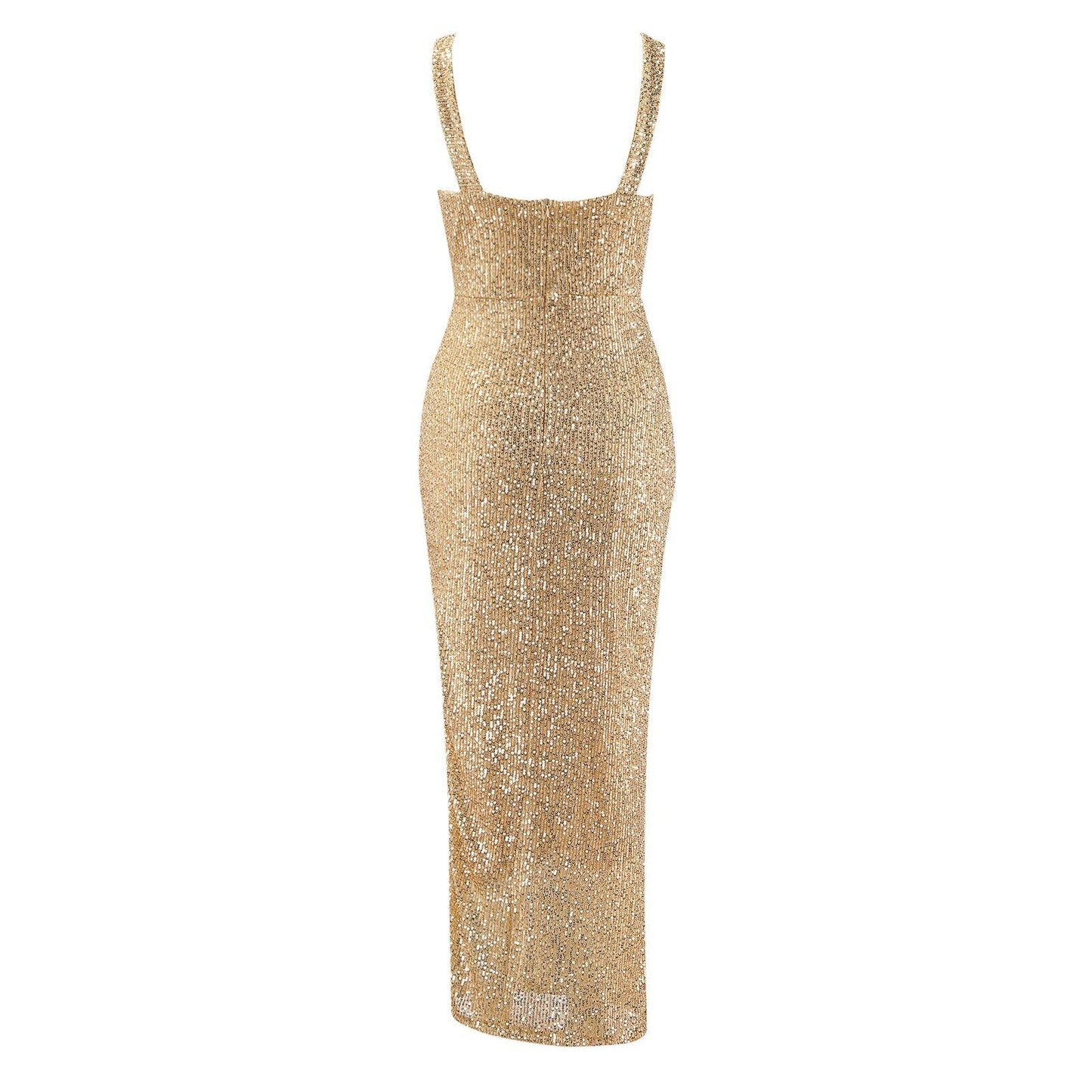 A gold sequin gown with a square neckline and thick straps, exudes glamour. The floor-length design is elegant and dazzling.