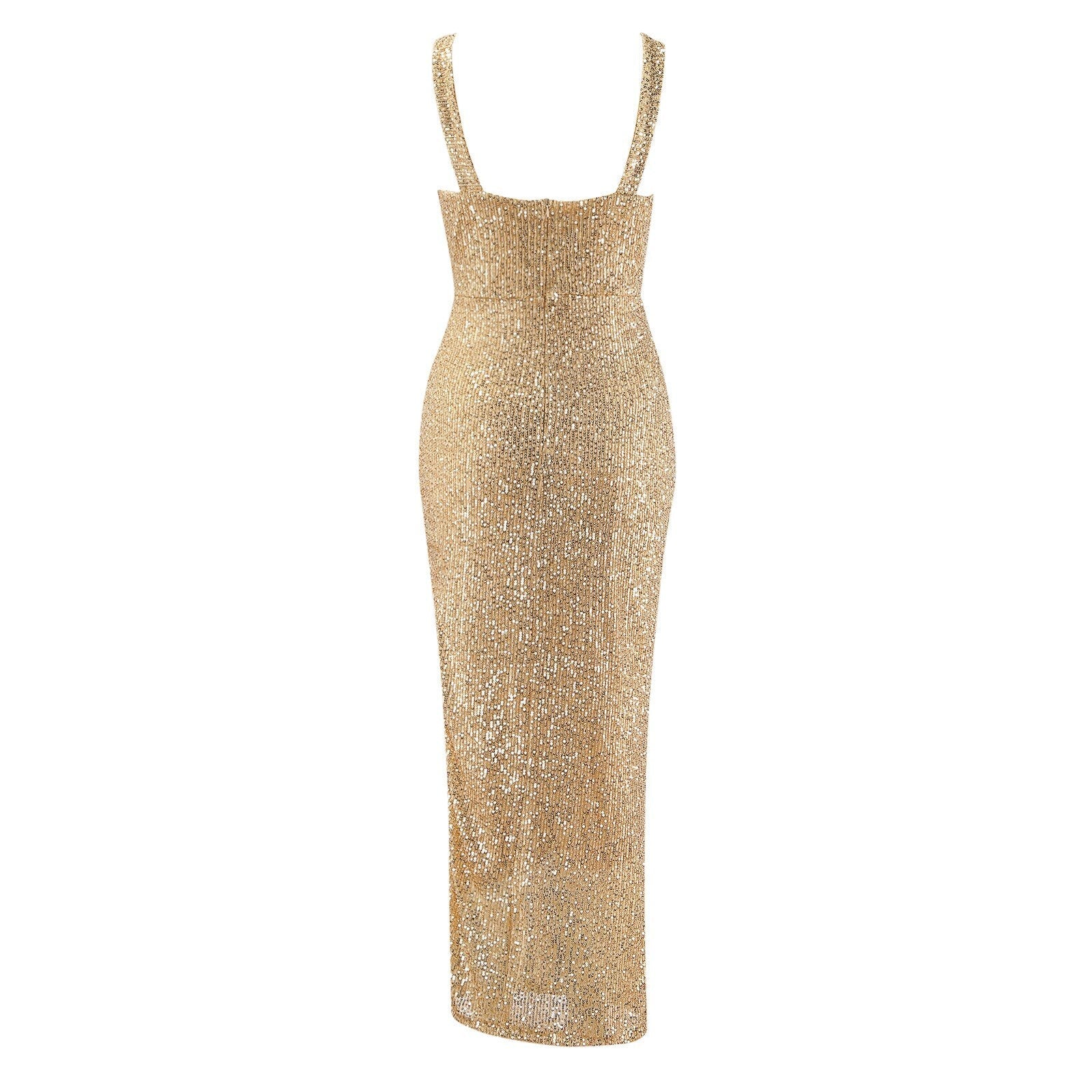A gold sequin gown with a square neckline and thick straps, exudes glamour. The floor-length design is elegant and dazzling.