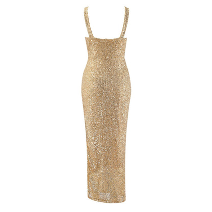 A gold sequin gown with a square neckline and thick straps, exudes glamour. The floor-length design is elegant and dazzling.