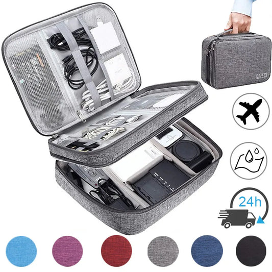 A gray electronics organizer bag with multiple compartments, holding cables, chargers, and devices, ideal for travel. Various color options shown.