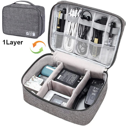 A gray tech organizer case with multiple compartments for cables, chargers, and electronic devices, fully unzipped for visibility.