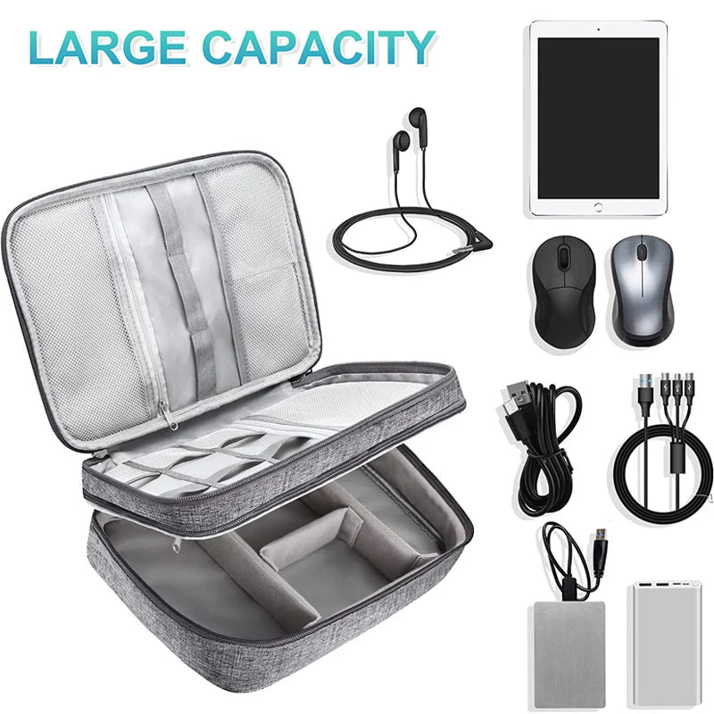 A gray tech organizer bag open to show compartments, surrounded by headphones, a tablet, two computer mice, and various cables.
