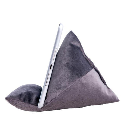 A gray triangular tablet holder supports a sleek tablet, providing a stable viewing angle. Ideal for hands-free use.