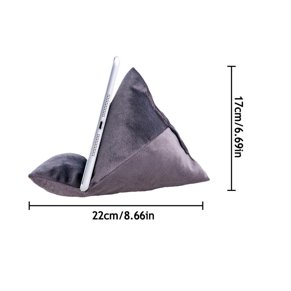 A gray triangular tablet stand, measuring 22cm by 17cm, supporting a tablet at an angle for comfortable viewing.
