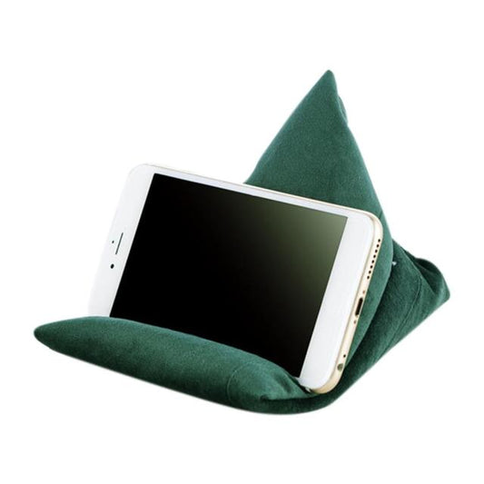 A green triangular phone stand holds a smartphone upright, offering a stylish and functional way to view the screen hands-free.
