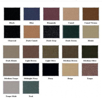 A grid of 20 fabric swatches showcases various colors, including black, blue, burgundy, camel, and teal. Each square is labeled, offering a diverse palette.