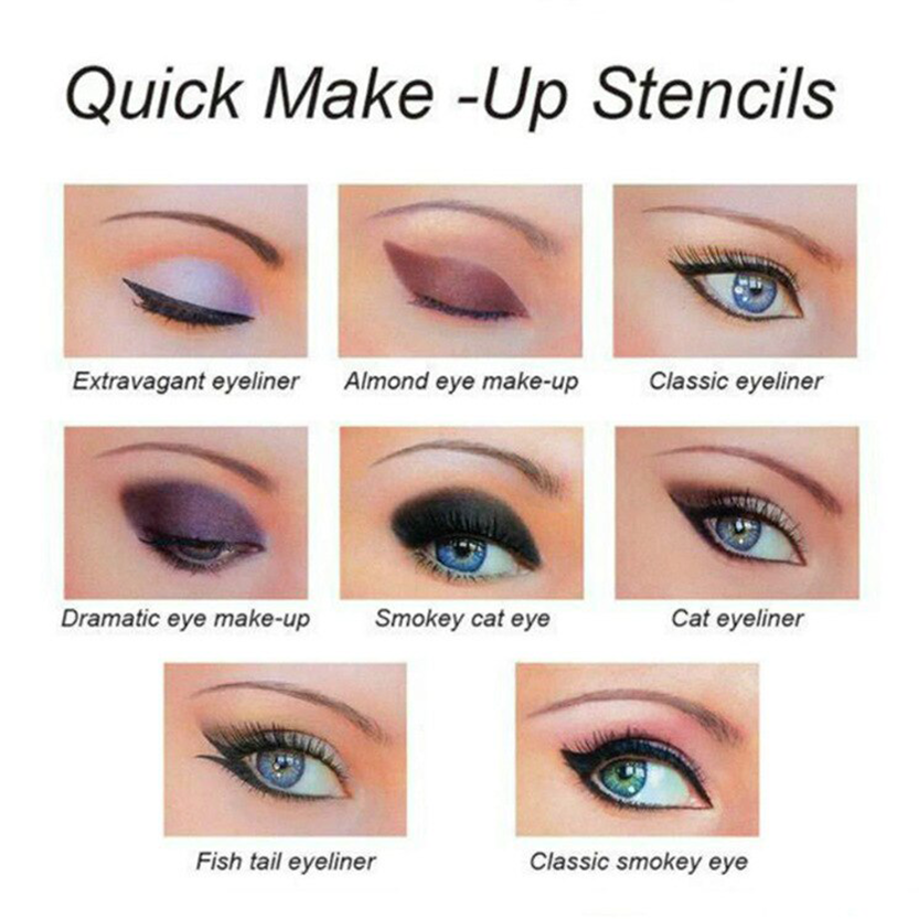 A grid of eye makeup styles titled "Quick Make-Up Stencils": extravagant, almond, classic eyeliner, dramatic, smokey cat eye, cat, fishtail, classic smokey eye.