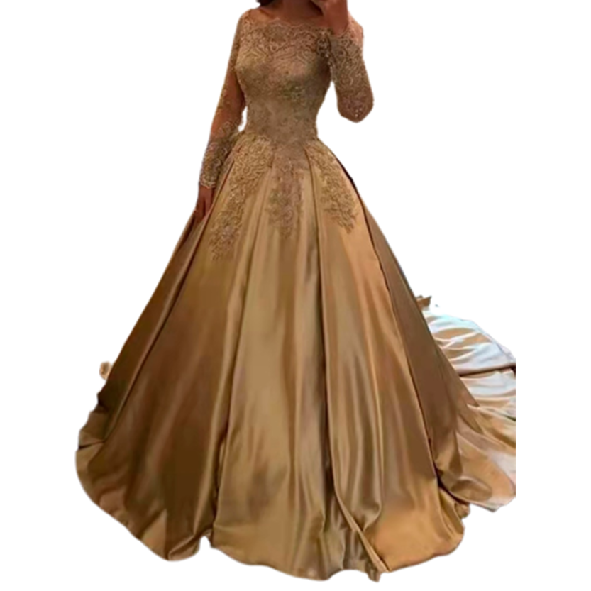 A luxurious gold ball gown with intricate lace embroidery and long sleeves. The elegant design conveys a sense of glamour and sophistication.