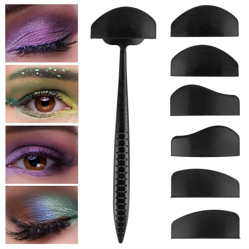 A makeup tool kit is displayed with a central black handle and six interchangeable curved eyeshadow stencils. On the left, three eye makeup looks—purple, green with glitter, and multicolored—are shown, showcasing the tool's versatility.