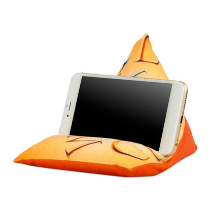 A pyramid-shaped phone holder in orange fabric, supporting a smartphone with a blank screen.