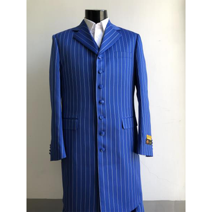 A royal blue pinstripe suit with white vertical lines, featuring a notched lapel, multiple buttons, and flap pockets, displayed on a mannequin. Elegant and formal.