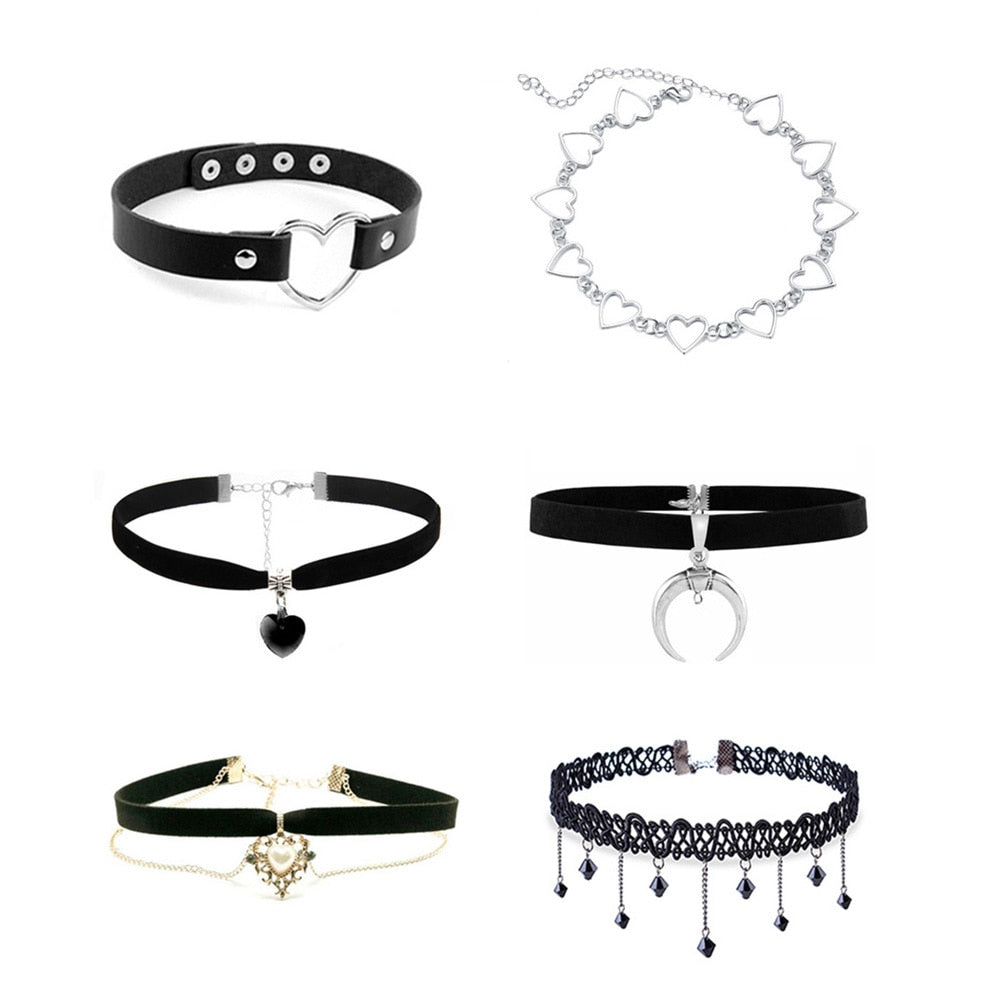 A set of six stylish chokers. Designs include black bands with heart and crescent pendants, silver hearts, lace with tassels, and gold detailing.