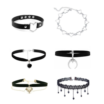 A set of six stylish chokers. Designs include black bands with heart and crescent pendants, silver hearts, lace with tassels, and gold detailing.