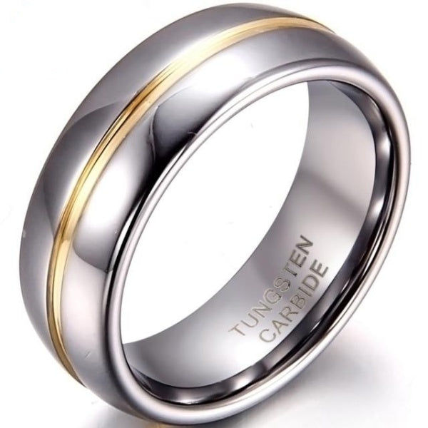 A silver tungsten carbide ring with a polished finish features a slender gold stripe around its center. The sleek design conveys elegance and sophistication.