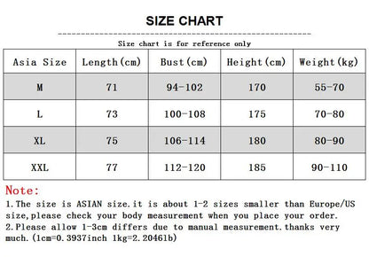 A size chart displaying Asian sizes M to XXL, with corresponding measurements for length, bust, height, and weight.