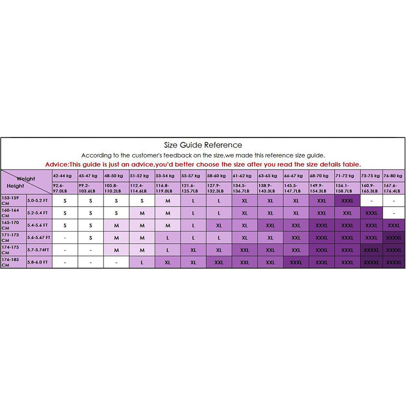 A size guide chart with a purple gradient background. It suggests clothing sizes based on height (in cm and ft) and weight (in kg and lbs). Sizes range from S to XXXL, covering heights from 153-185 cm and weights from 42-80 kg. A note advises this is a reference guide and to verify with specific size details.