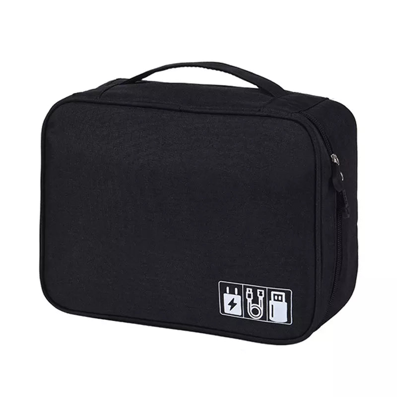 A sleek black electronic organizer bag featuring a zip closure and a top handle, designed for carrying charging cables and accessories.