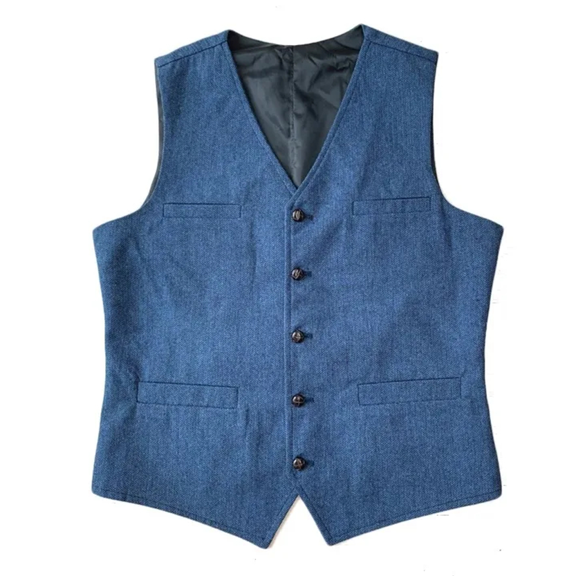 A stylish blue denim vest featuring a V-neck, five buttons, and two front pockets, designed for a sophisticated look.