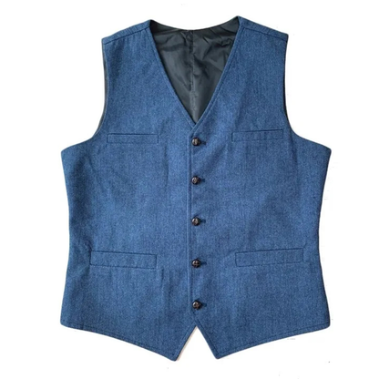 A stylish blue denim vest featuring a V-neck, five buttons, and two front pockets, designed for a sophisticated look.