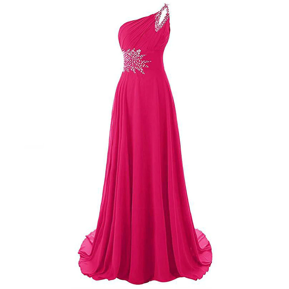 A vibrant pink, one-shoulder evening gown with intricate silver embellishments at the waist and shoulder, exuding elegance and sophistication.