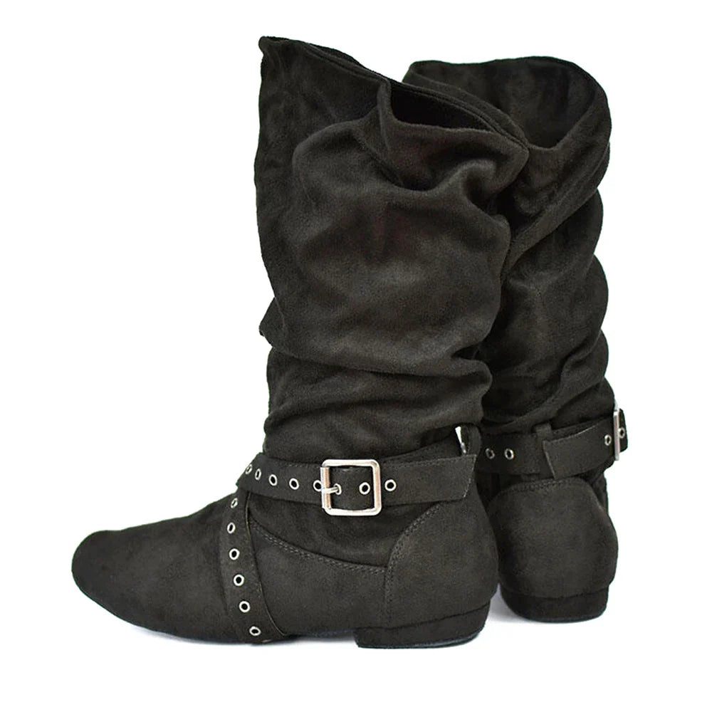 Funki Findz | Boots | Women's Faux Suede Mid-Calf Flat Boots