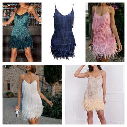 Funki Findz | Dresses | Women's Sequin Feather Fringe Dress
