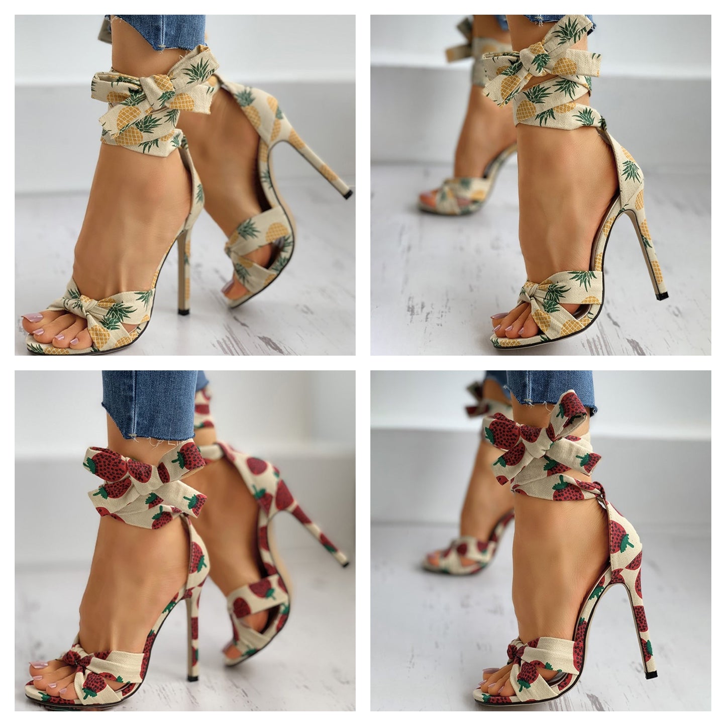Funki Findz | Shoes | Women's Canvas Fruit Print Ankle Tie Heels