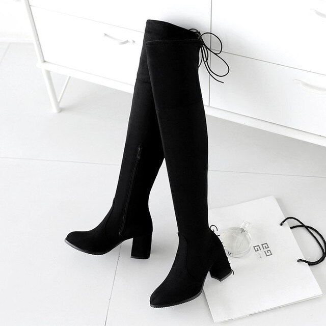 Funki Findz | Boots | Women's Thigh High Square Mid Heel Boots