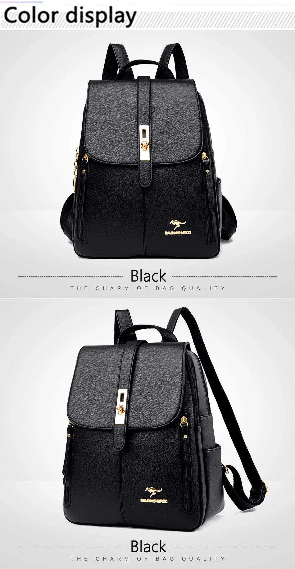 Black backpack with gold accents, featuring a stylish flap closure and adjustable straps, displayed on a light gray background.