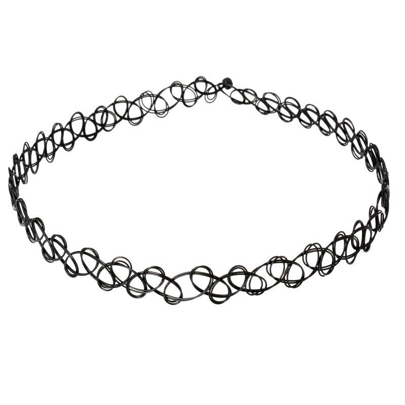 Black choker necklace with a loops and swirls pattern, forming an intricate lace-like design. It conveys a trendy, minimalist aesthetic.
