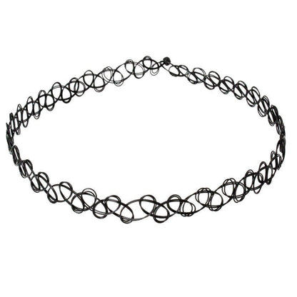 Black choker necklace with a loops and swirls pattern, forming an intricate lace-like design. It conveys a trendy, minimalist aesthetic.