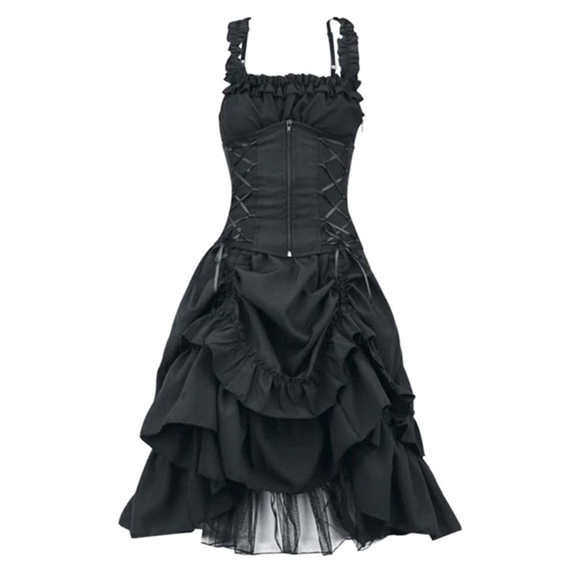 Black gothic dress with a corset top featuring crisscross lacing and ruffled straps. The skirt is layered and voluminous, conveying an elegant, dramatic tone.