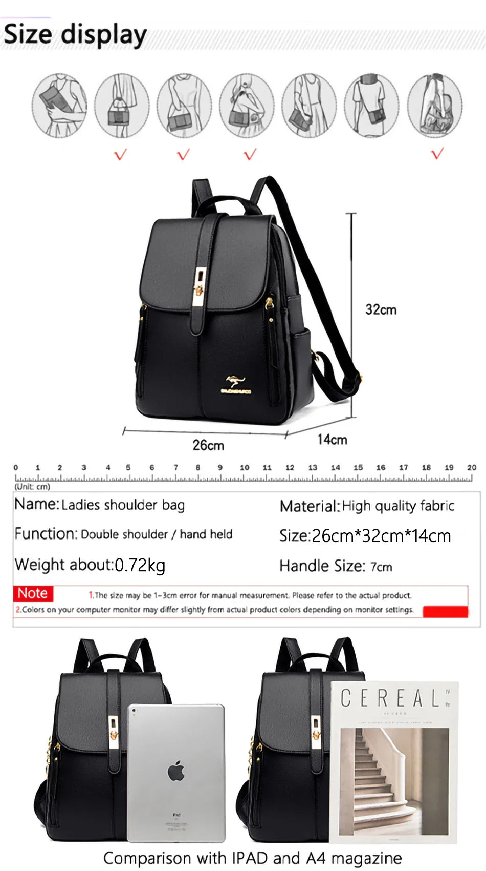 Black ladies' shoulder bag displayed next to an iPad and A4 magazine, with measurements and details showcased below.