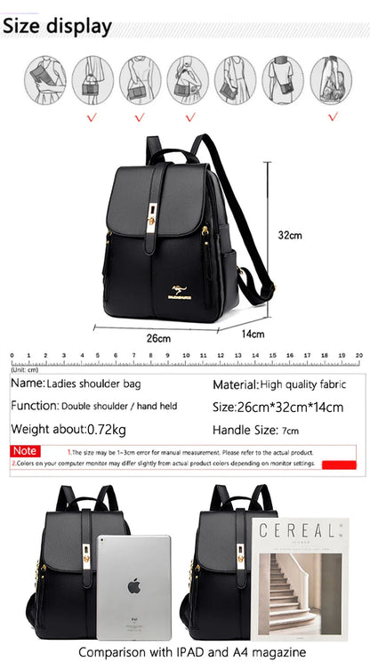 Black ladies' shoulder bag displayed next to an iPad and A4 magazine, with measurements and details showcased below.