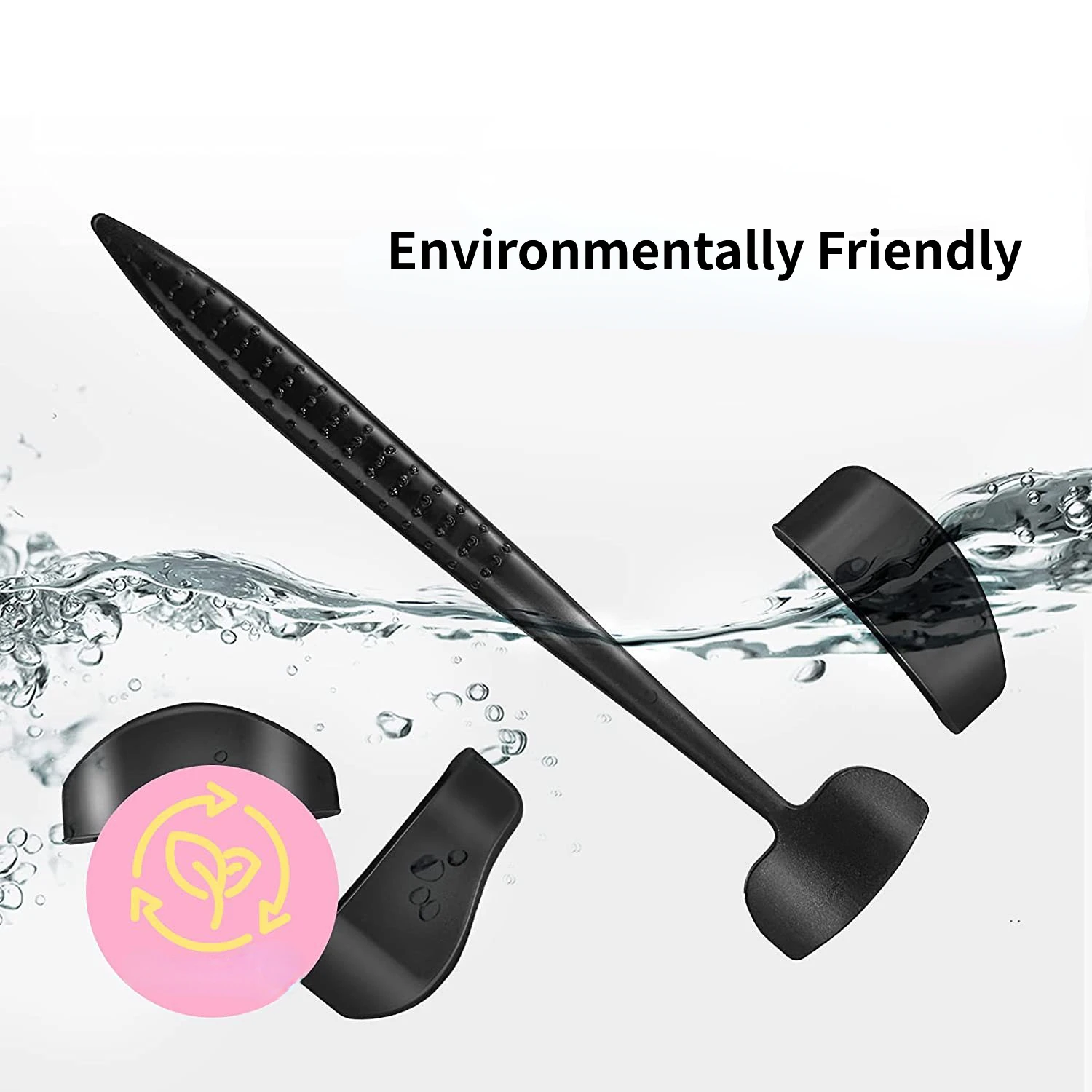 Black rubber squeegee with water splashes and detached pieces. A pink circle with a recycling symbol emphasizes its eco-friendly design.