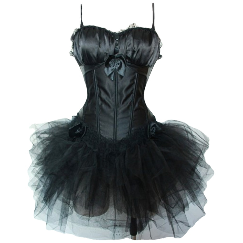 Black satin corset dress with spaghetti straps and layered tulle skirt. The bodice is adorned with bows and lace, evoking elegance and drama.