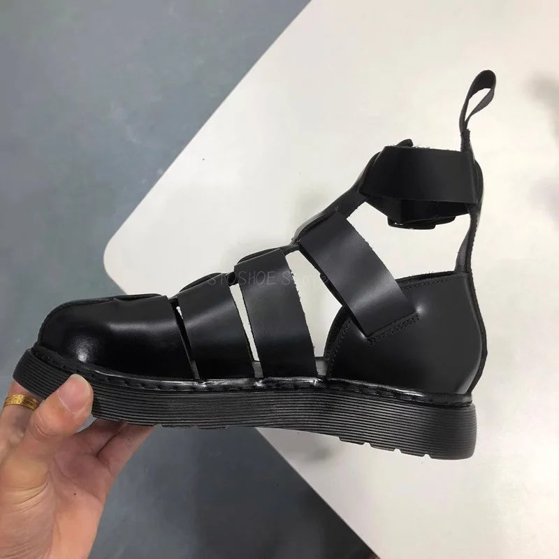 Black strappy sandals side view