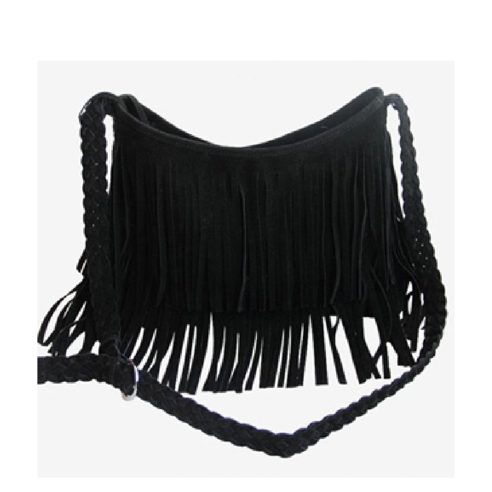 Black suede fringe handbag with a braided strap, showcasing a stylish bohemian design ideal for casual outings.