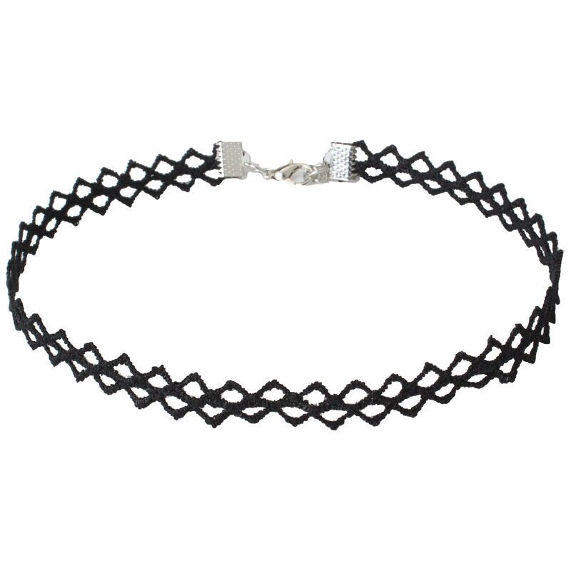 Black tattoo choker necklace with an interwoven, net-like design and a silver clasp. The style conveys a retro, edgy fashion sense.