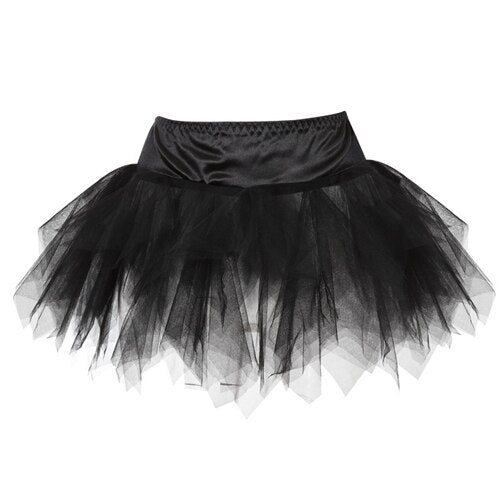 Black tulle tutu skirt with a satin waistband. The skirt has layers of sheer, ruffled fabric creating a voluminous and playful appearance.